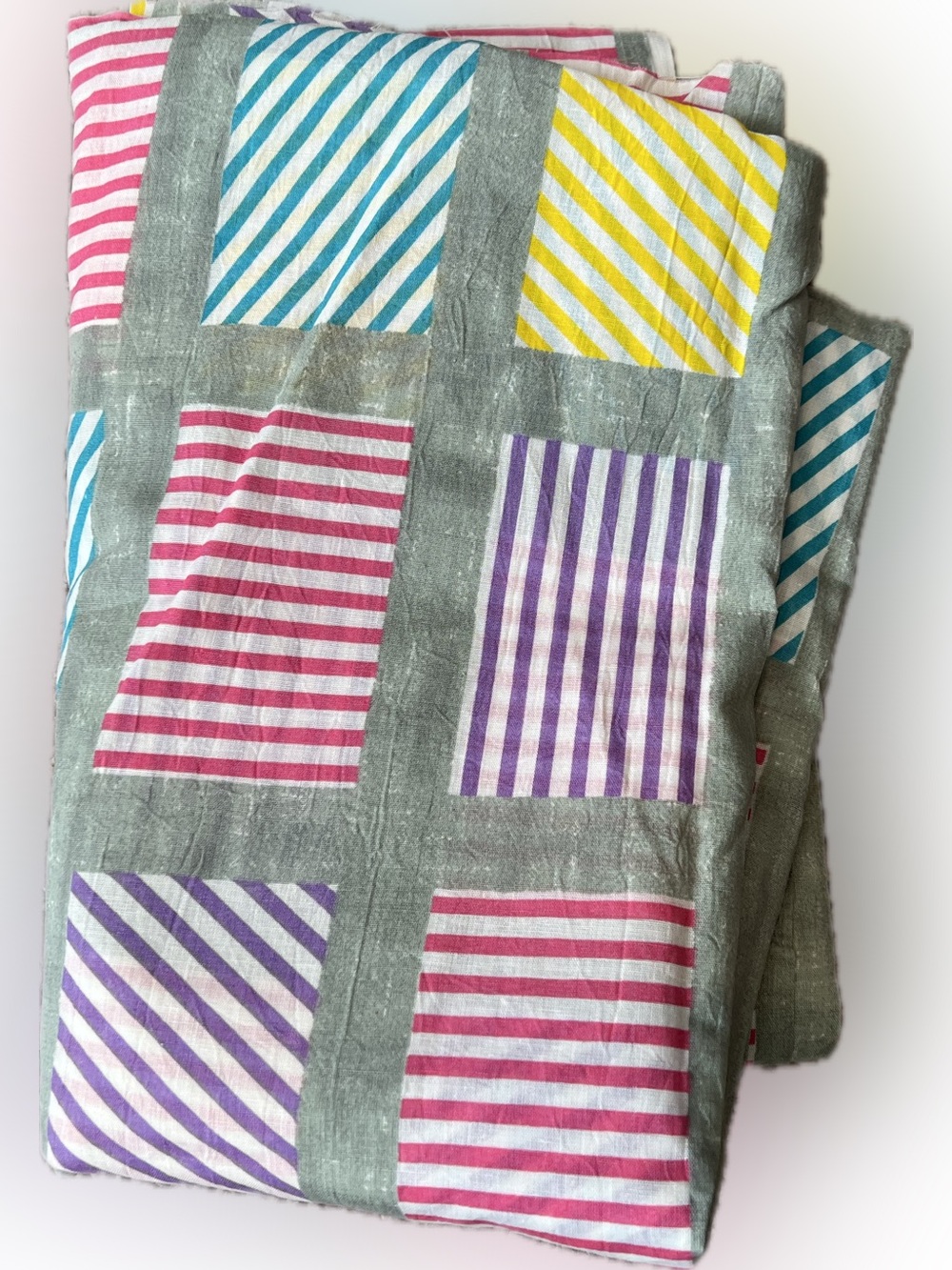 Vintage New Multicolor Striped Patchwork Fabric Panel Geometric Sewing Art